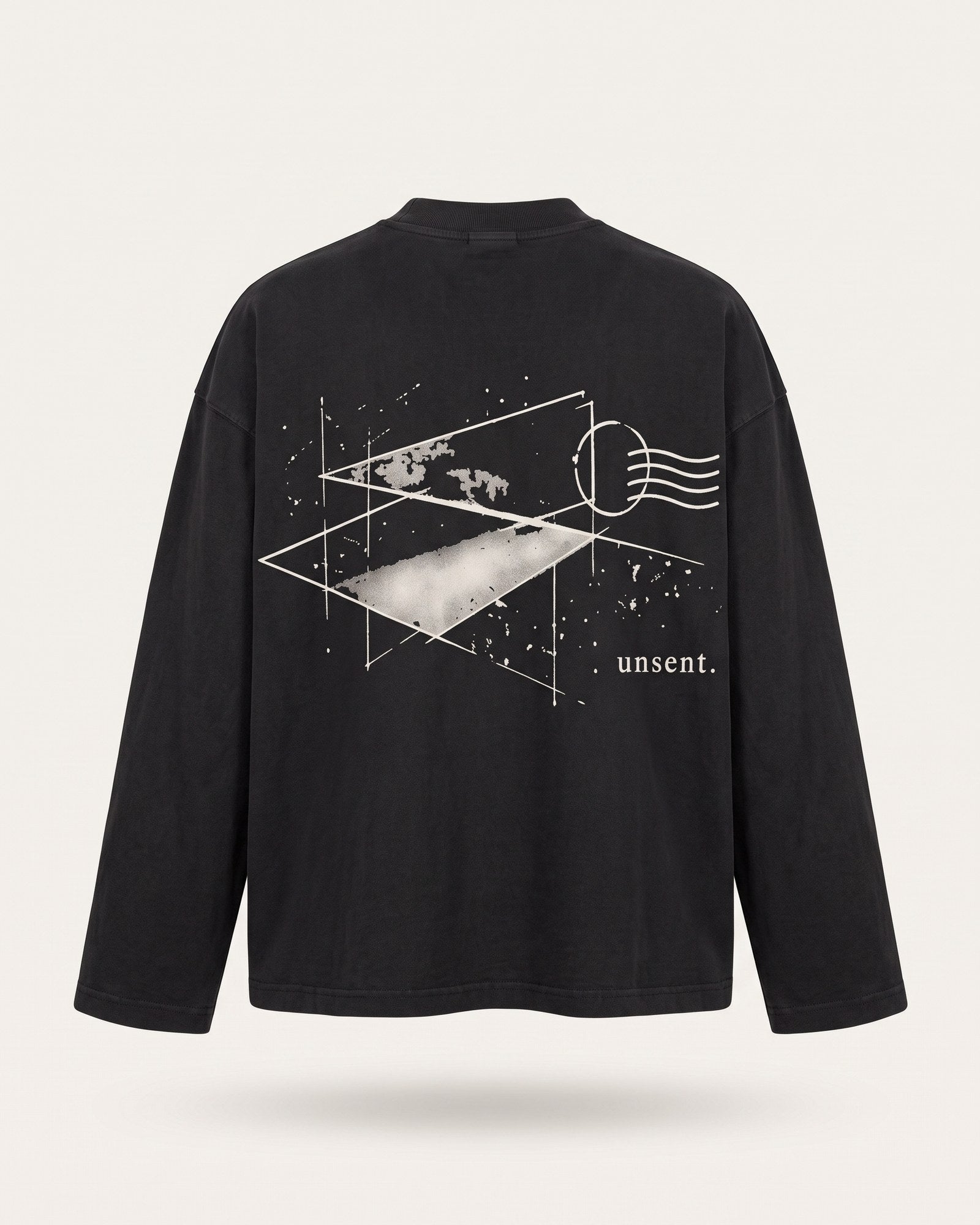 off black oversized long sleeve, back: two geometric triangles, a postmark and the word unsent.