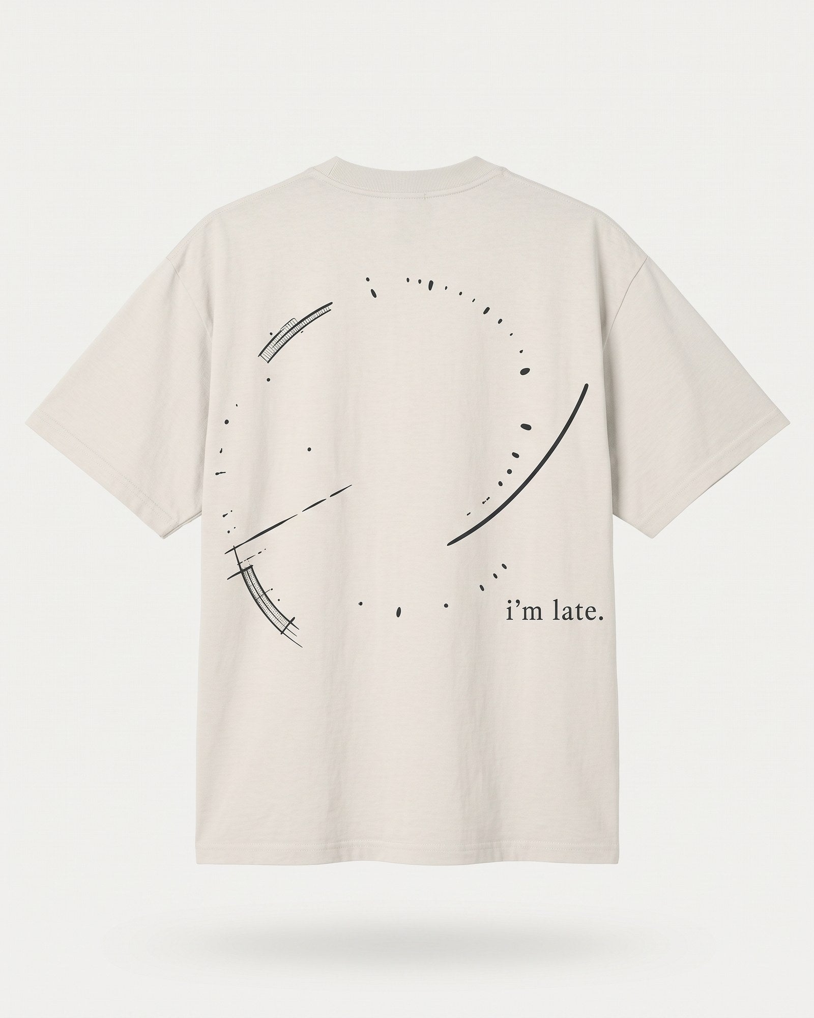 bone oversized heavy tee, back: a broken clock face, i'm late.
